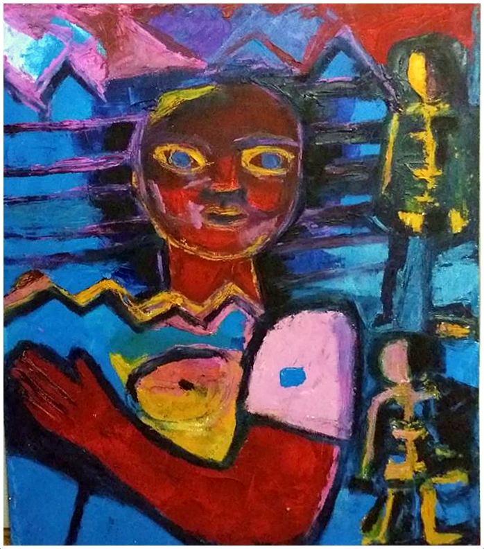 Menina em Tons Azuis e Vermelhos, s/d. Óleo sobre tela 70 x 60 cm