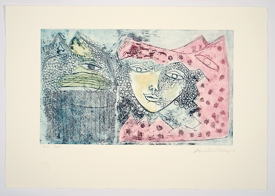 Mulher e gato, 1974 Série Máscaras Gravura em metal sobre papel 33 x 51 cm