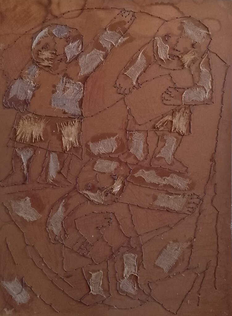 sem título , s/d. Tecido, arame e verniz sobre eucatex 70 x 50 cm