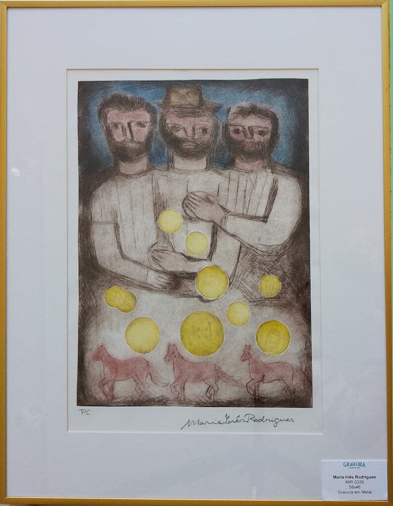 Três Homens, três Cavalos e Moedas, 2017 Série Simões Lopes Neto Gravura em metal e relevos sobre papel 38 x 18 cm PC