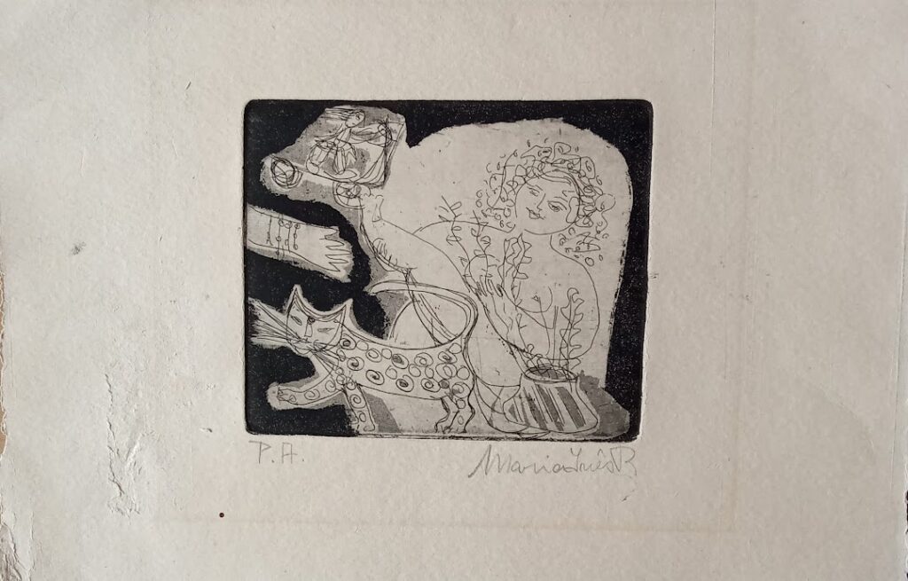 Um dia, um gato, 1998 Série Meninas Gravura em metal sobre papel 9 x 10 cm