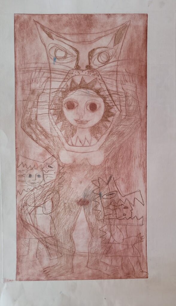 sem título, 1979 Série Gatos Gravura em metal sobre papel com intervenções a lápis colorido 59 x 29,5 cm