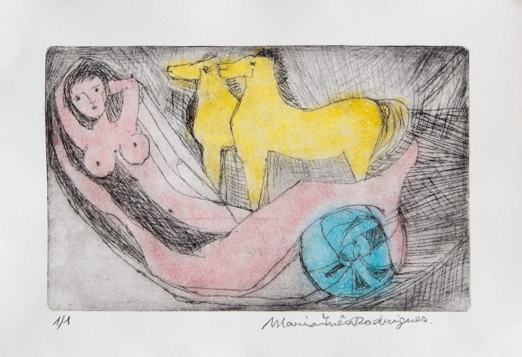 Mulher deitada com 2 cavalos, s/d. Gravura em metal sobre papel 19 x 31 cm