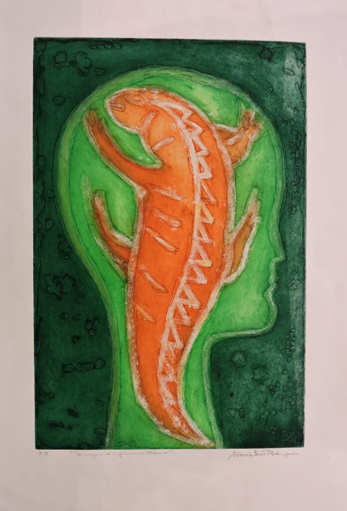 Teiniaguá do Jarau em cores, 2003 Série Simões Lopes Neto Gravura em metal, água, tinta e relevo sobre papel 59 x 39 cm