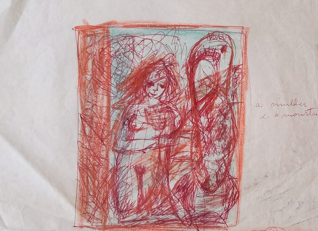 Da Série Estudos A Mulher e o Monstro, s/d. Esferográfica, giz de cera e pastel seco sobre papel 19 x 29 cm