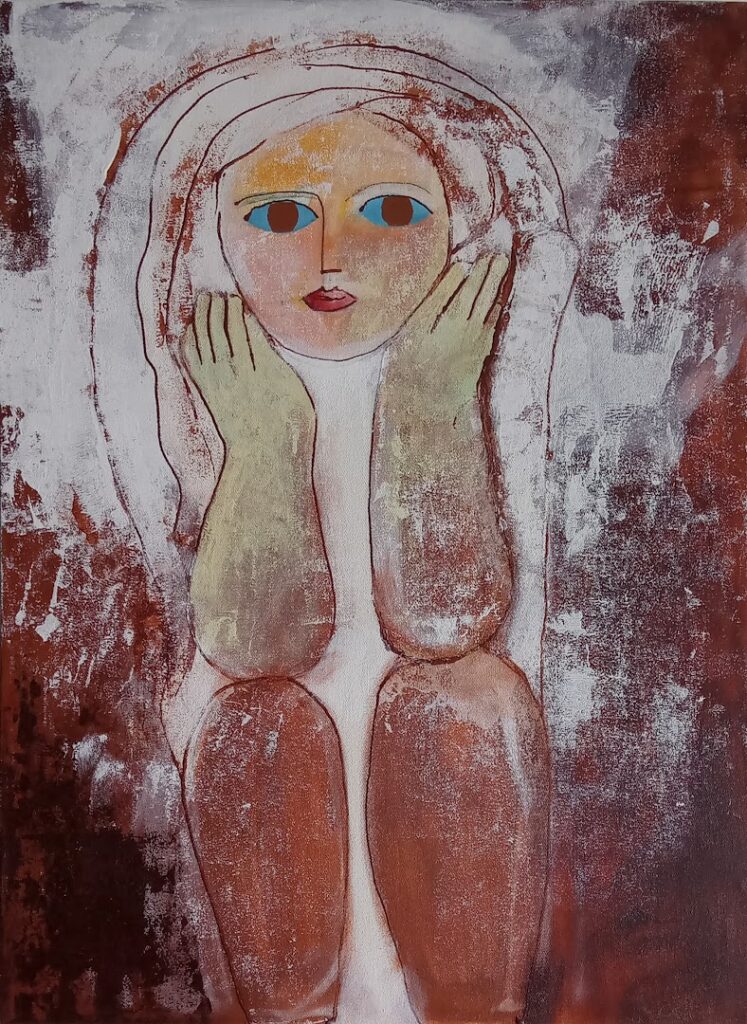 Menina com as duas mãos no rosto, s/d. Série Meninas Óleo sobre tela 70 x 50 cm