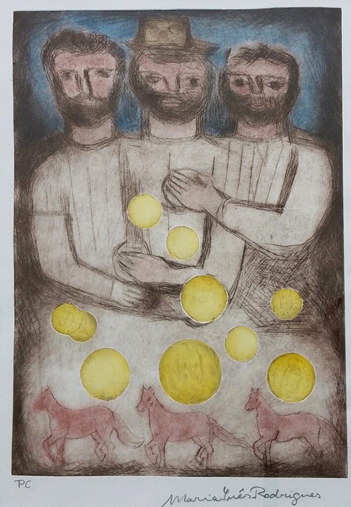 Três Homens, três Cavalos e Moedas, 2017 Série Simões Lopes Neto Gravura em metal e relevos sobre papel 38 x 18 cm PC