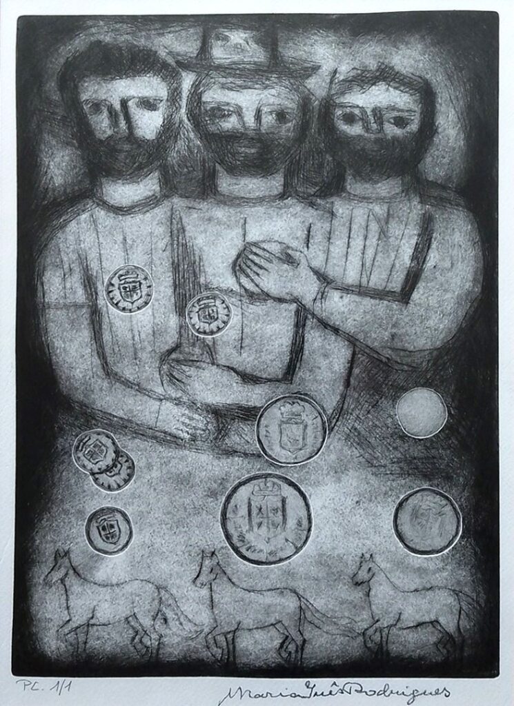 Trezentas Onças - Encontro com as moedas, 2016 Série Simões Lopes Neto Gravura em metal e relevos sobre papel 37 x 27,5 cm